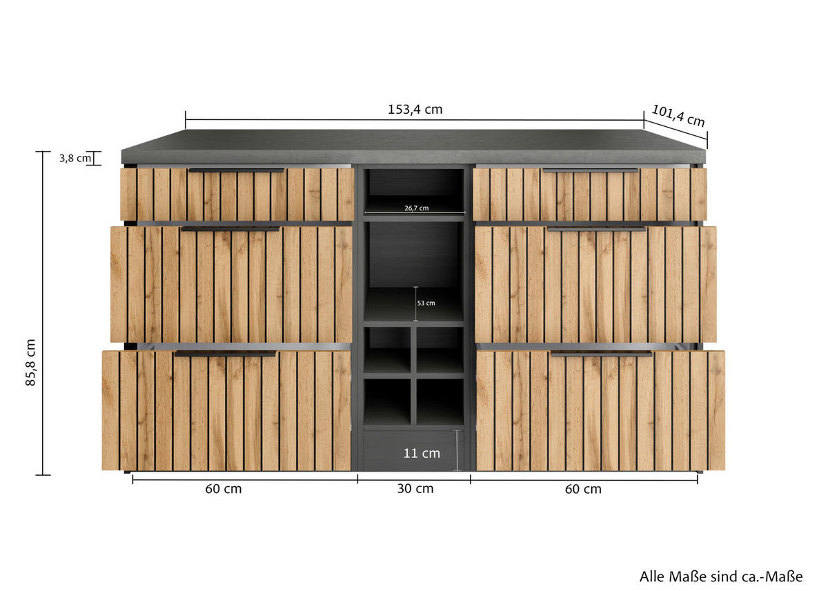 KÜCHENINSEL   in Graphitfarben, Eiche Wotan  - Schieferfarben/Eiche Wotan, Basics, Holzwerkstoff/Metall (153/86/101cm) - Held