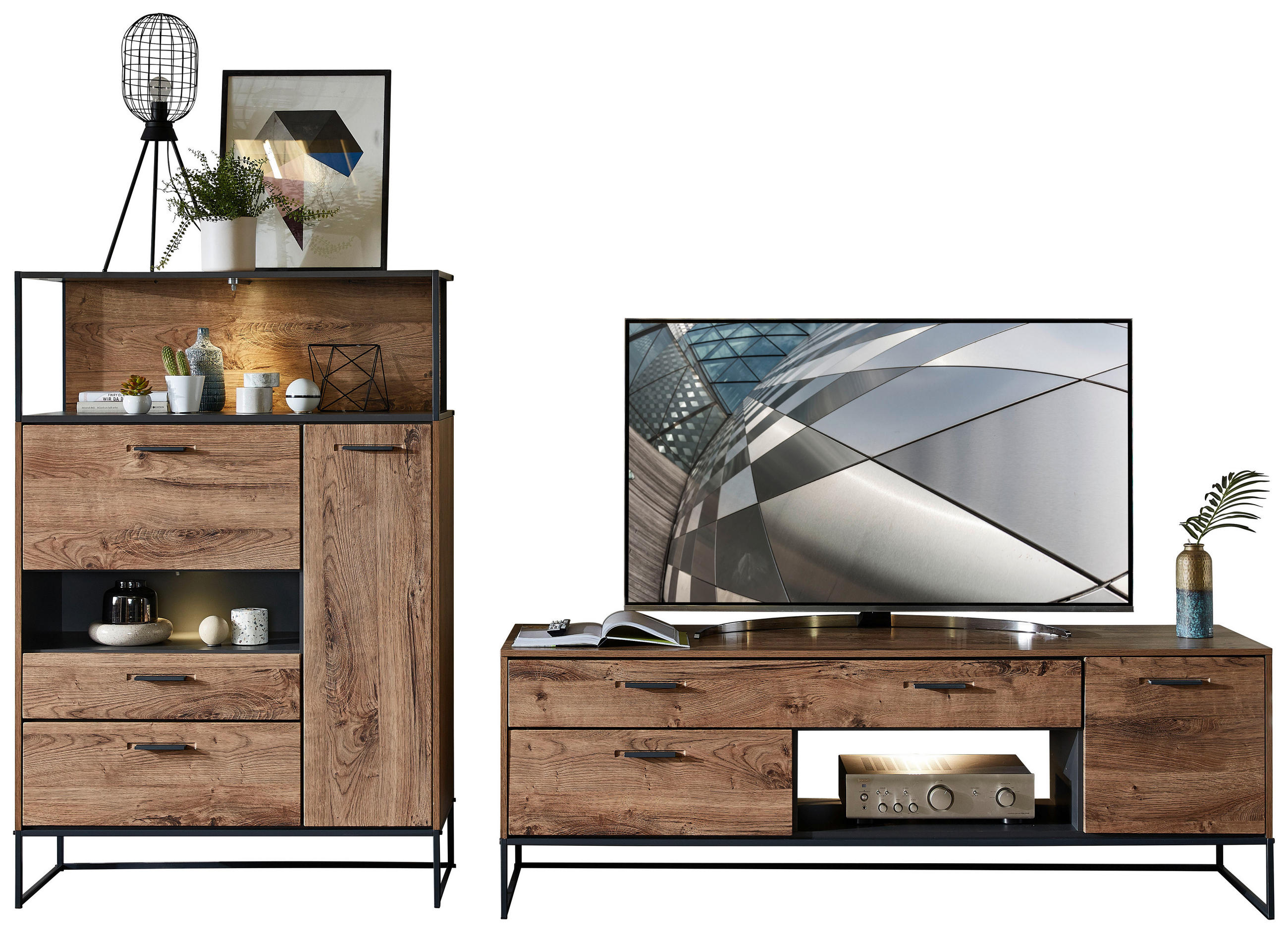 WOHNWAND  in Graphitfarben, Eichefarben  289/151/48 cm  - Eichefarben/Anthrazit, MODERN, Glas/Holzwerkstoff (289/151/48cm) - Livetastic