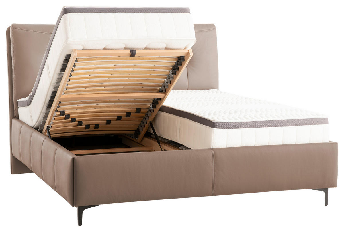 POLSTERBETT 180/200 cm,  in Hellbraun, Matratze, Lattenrost, Bettkasten, Topper, H2 + H2 = mittel  - Hellbraun/Schwarz, KONVENTIONELL, Leder/Holz (180/200cm) - Novel
