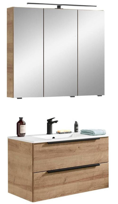 BADEZIMMER 3-teilig  in 81 cm  - Eichefarben/Schwarz, Natur, Glas/Keramik (81cm) - Sadena