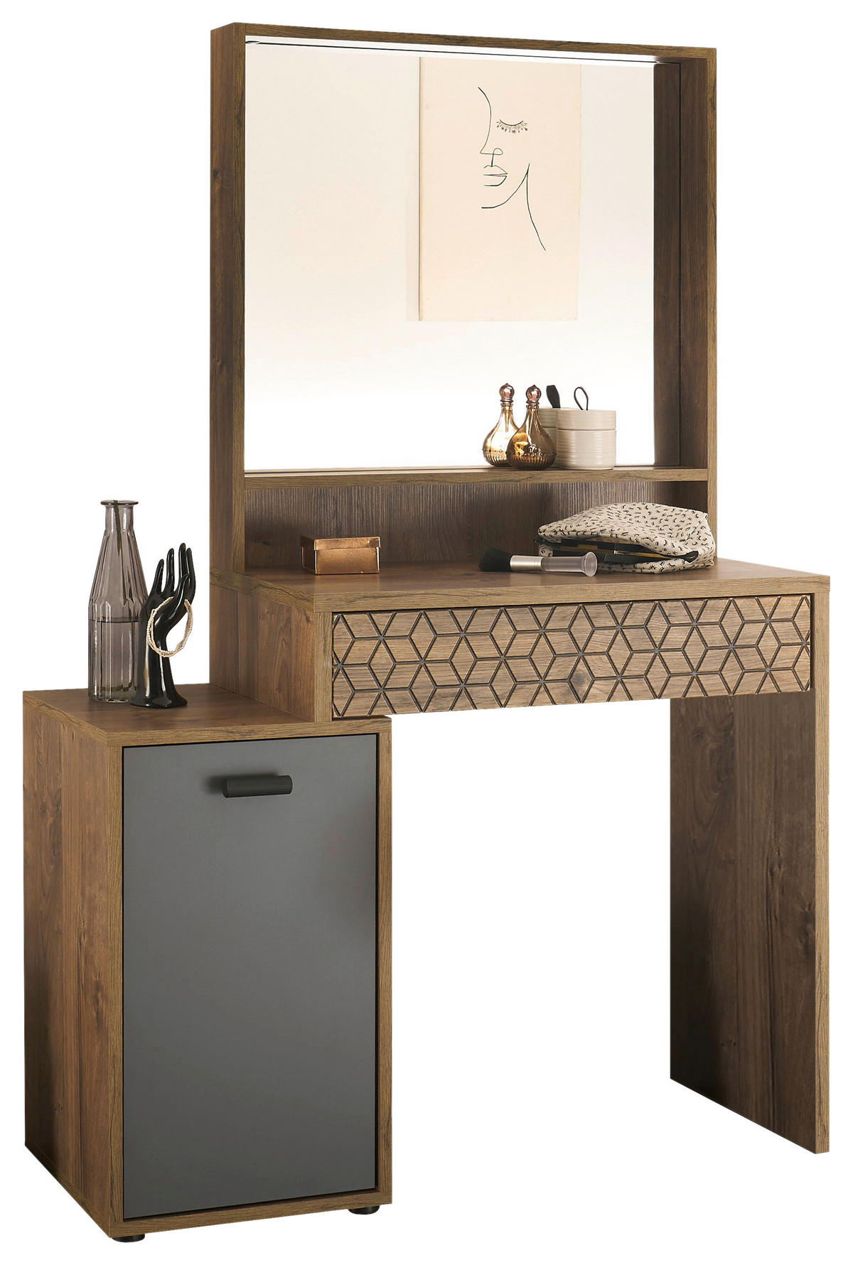 SCHMINKTISCH Graphitfarben, Eichefarben  - Eichefarben/Graphitfarben, Natur, Glas/Holzwerkstoff (95/145/40cm) - Xora