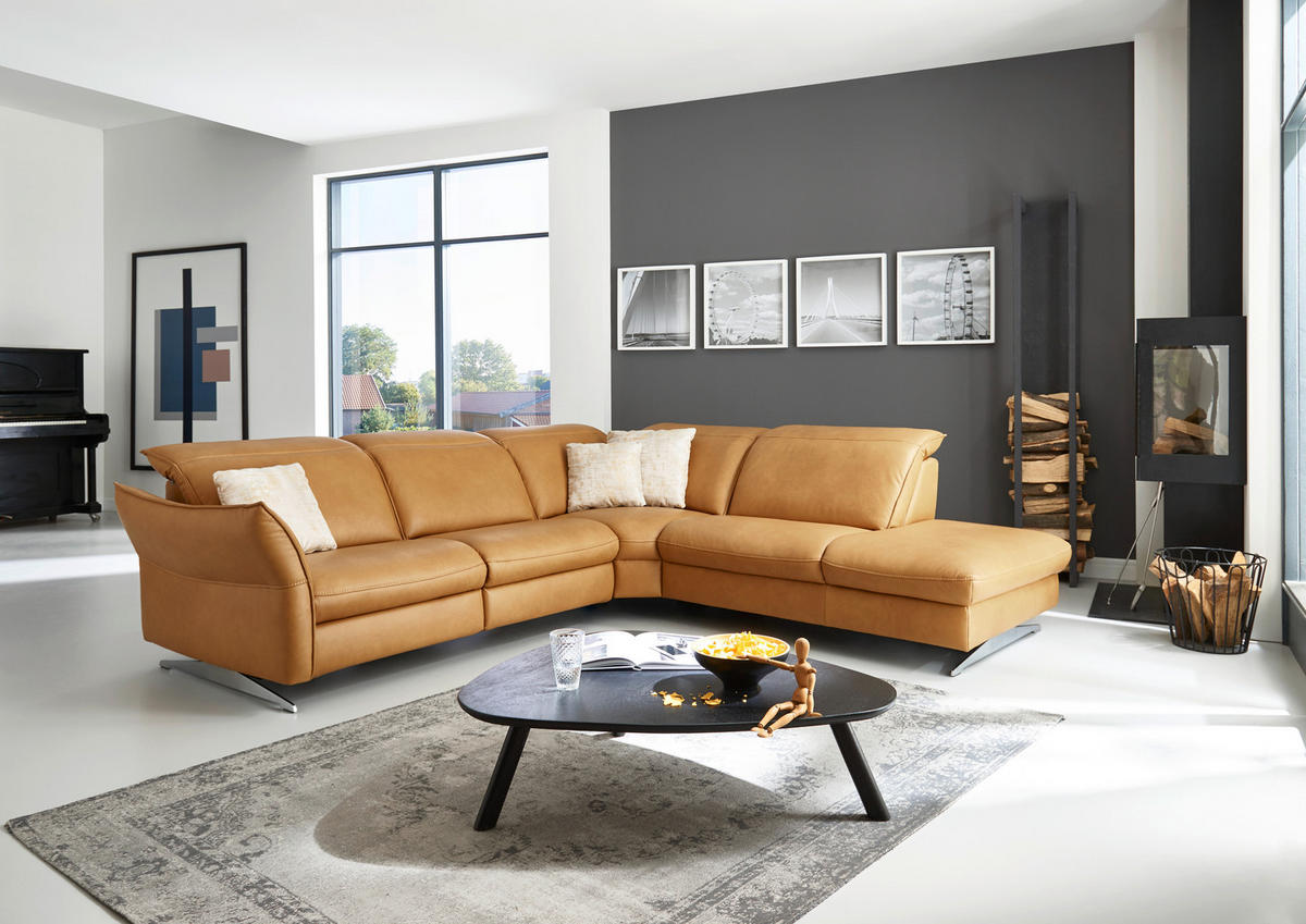 ECKSOFA in Echtleder Orange  - Edelstahlfarben/Orange, Design, Leder/Metall (292/258cm) - Hukla