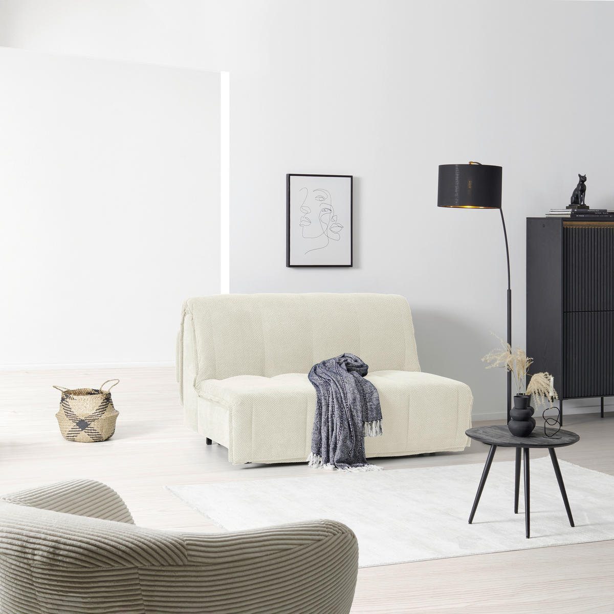 SCHLAFSOFA Velours Creme  - Creme/Schwarz, Design, Kunststoff/Textil (148/88/110cm) - Livetastic