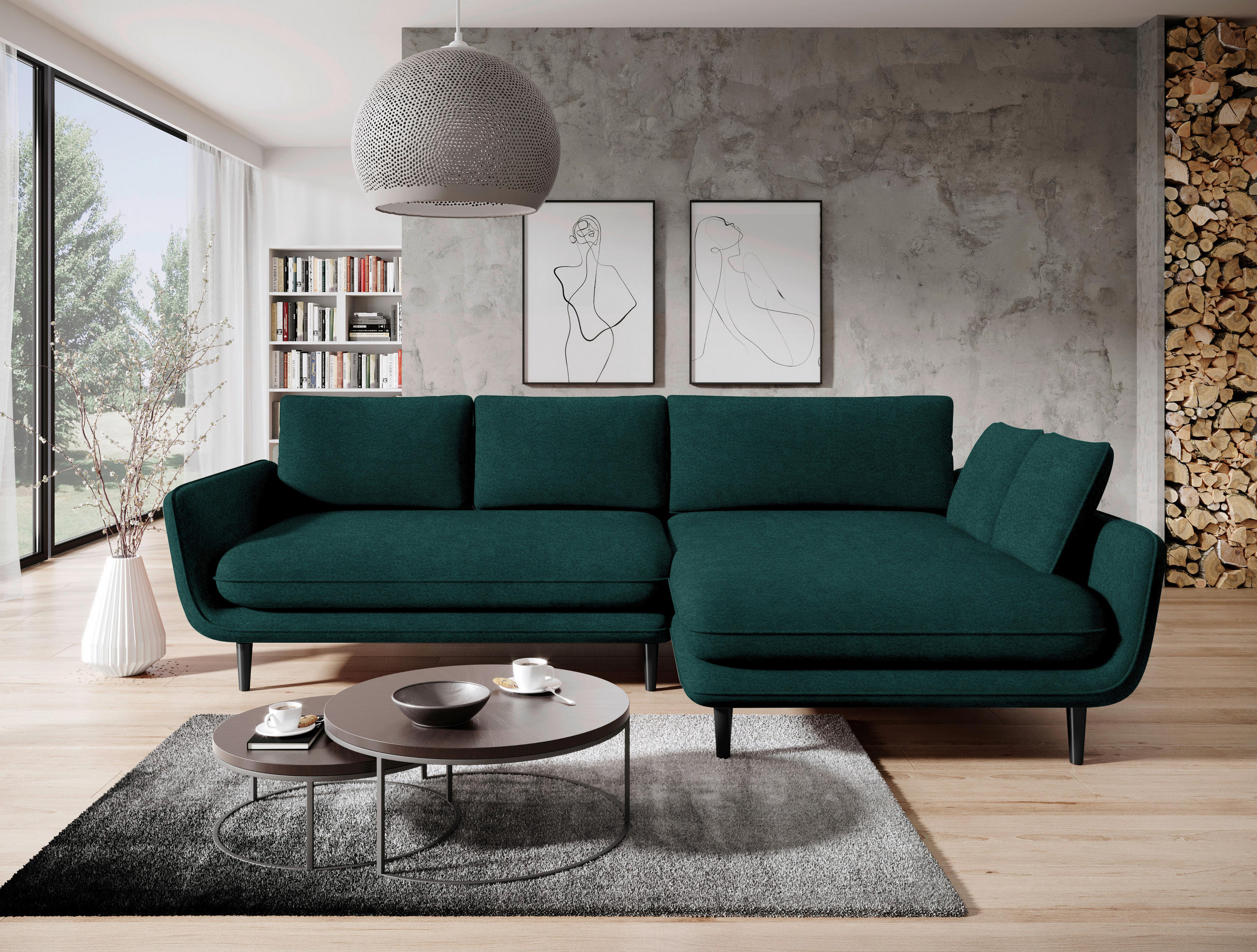 ECKSOFA in Velours Dunkelgrün  - Dunkelgrün/Schwarz, Design, Holz/Textil (260/167cm) - Welnova