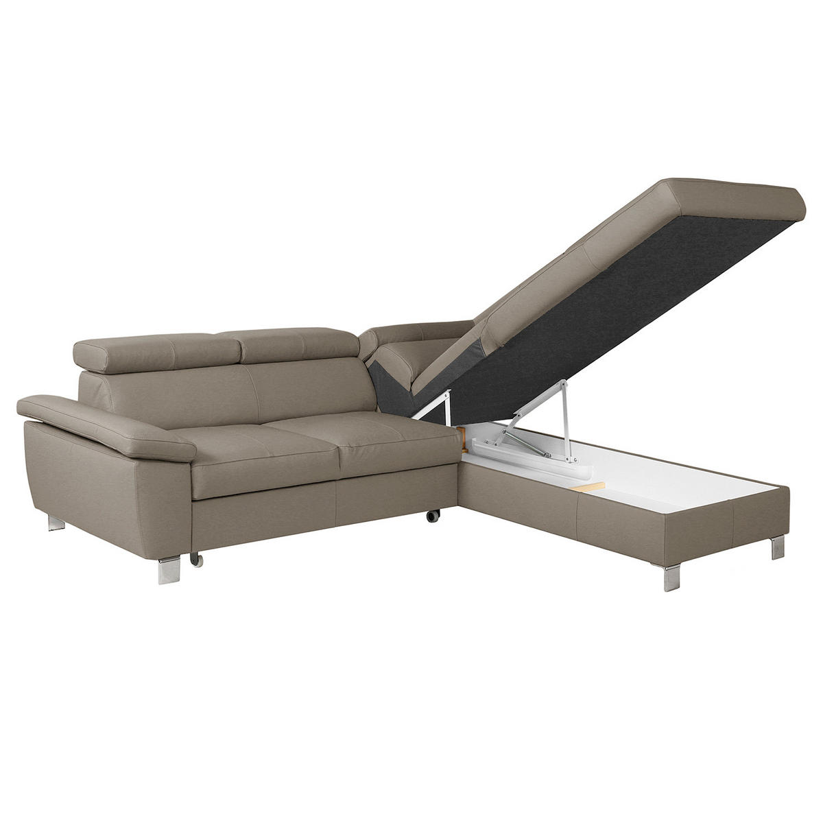 ECKSOFA Hellgrau Echtleder Lederlook  - Chromfarben/Hellgrau, Design, Leder/Textil (248/208cm) - Livetastic