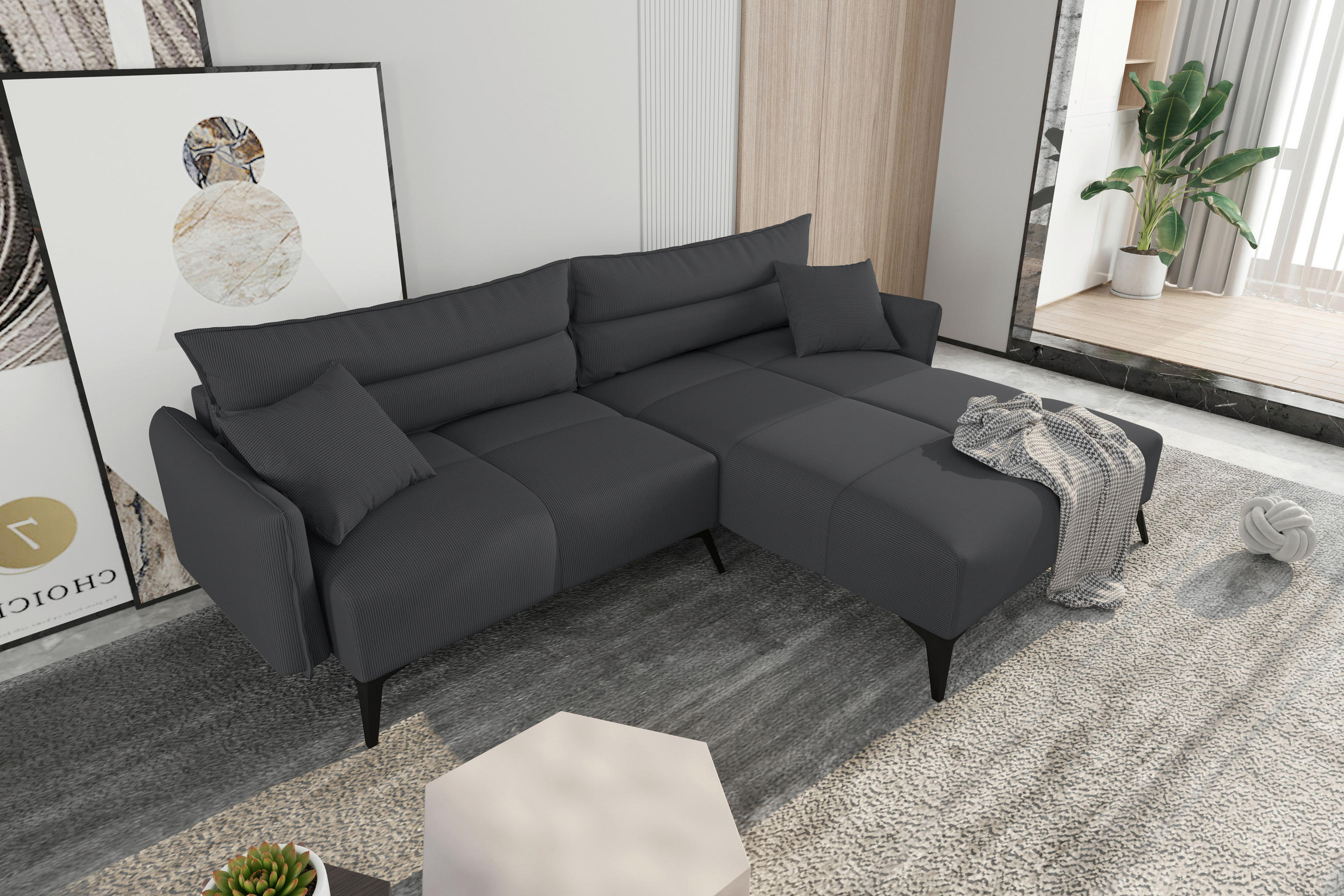 ECKSOFA in Cord Dunkelgrau  253/180 cm  - Dunkelgrau/Schwarz, KONVENTIONELL, Textil/Metall (253/180cm) - Carryhome