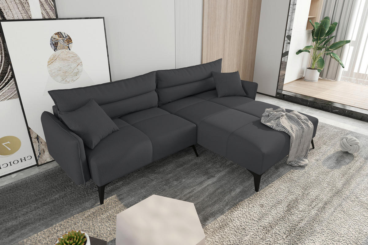 ECKSOFA in Cord Dunkelgrau  253/180 cm  - Dunkelgrau/Schwarz, KONVENTIONELL, Textil/Metall (253/180cm) - Carryhome