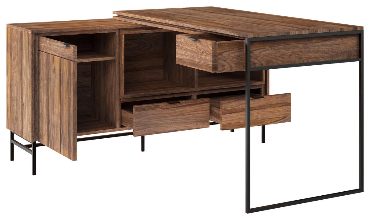 ECKSCHREIBTISCH 143,4/135/38/65/72,5/76 cm  in Braun  - Schwarz/Braun, Design, Holz/Metall (143,4/135/38/65/72,5/76cm) - Carryhome
