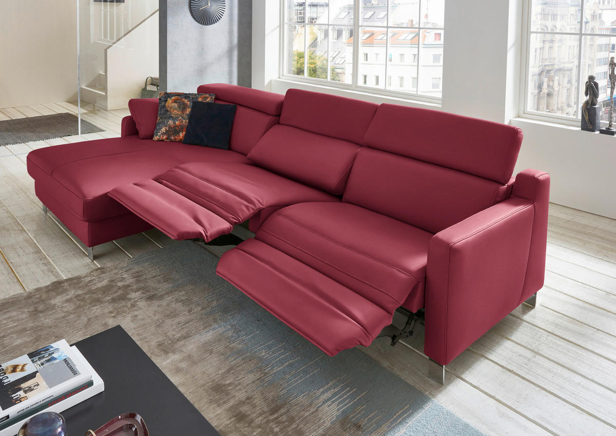 ECKSOFA in Echtleder Bordeaux  - Chromfarben/Bordeaux, Design, Leder/Metall (176/291cm) - Valdera