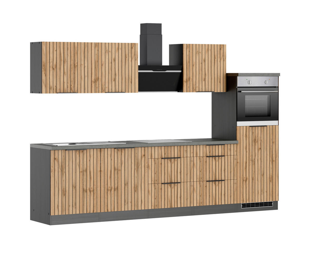 KÜCHENBLOCK 300 cm   in Graphitfarben, Eiche Wotan  - Schieferfarben/Eiche Wotan, Basics, Holzwerkstoff/Metall (300cm) - Held