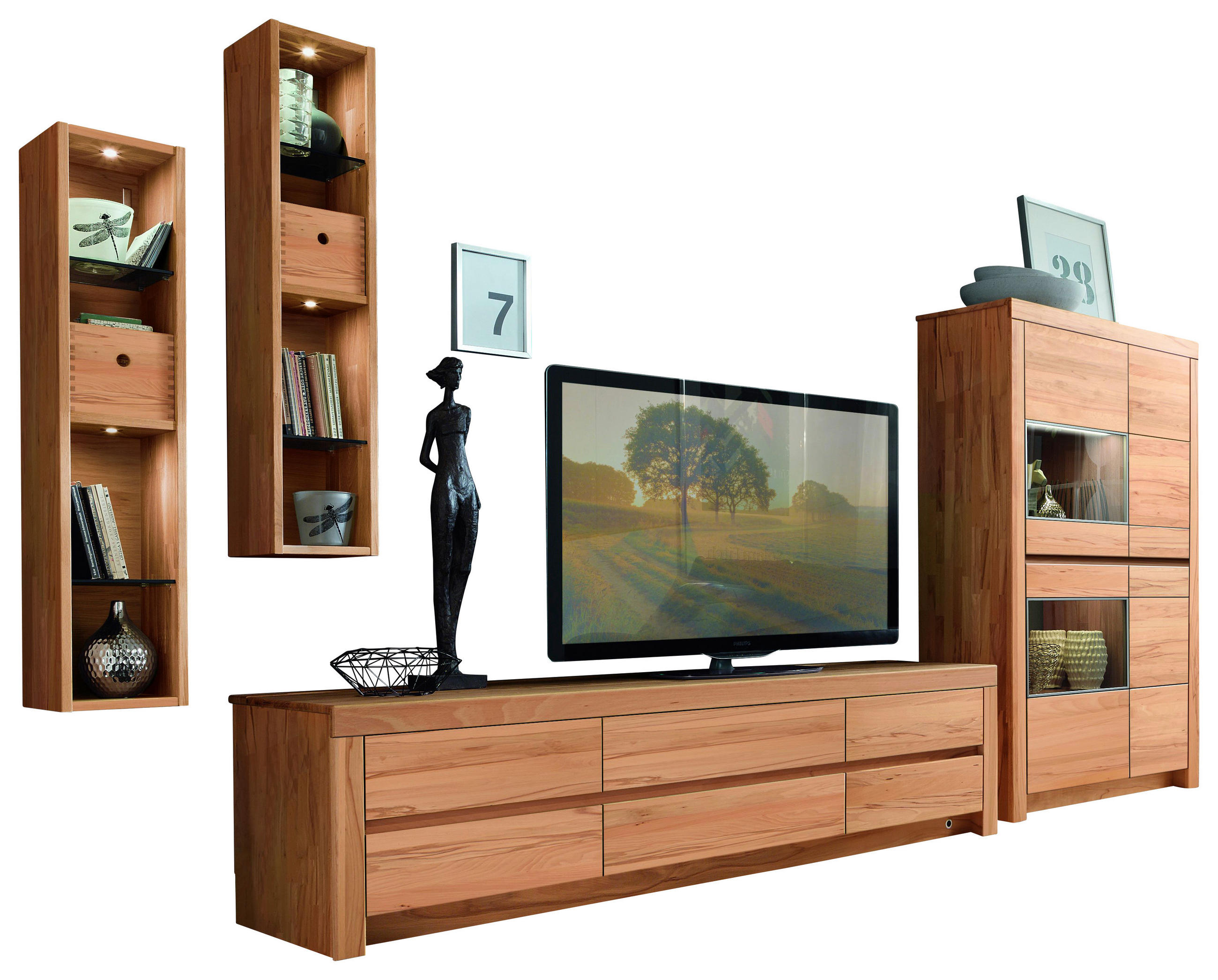WOHNWAND  in Kernbuche  377,3/200,8/51,7 cm  - Kernbuche, Natur, Glas/Holz (377,3/200,8/51,7cm) - Valdera