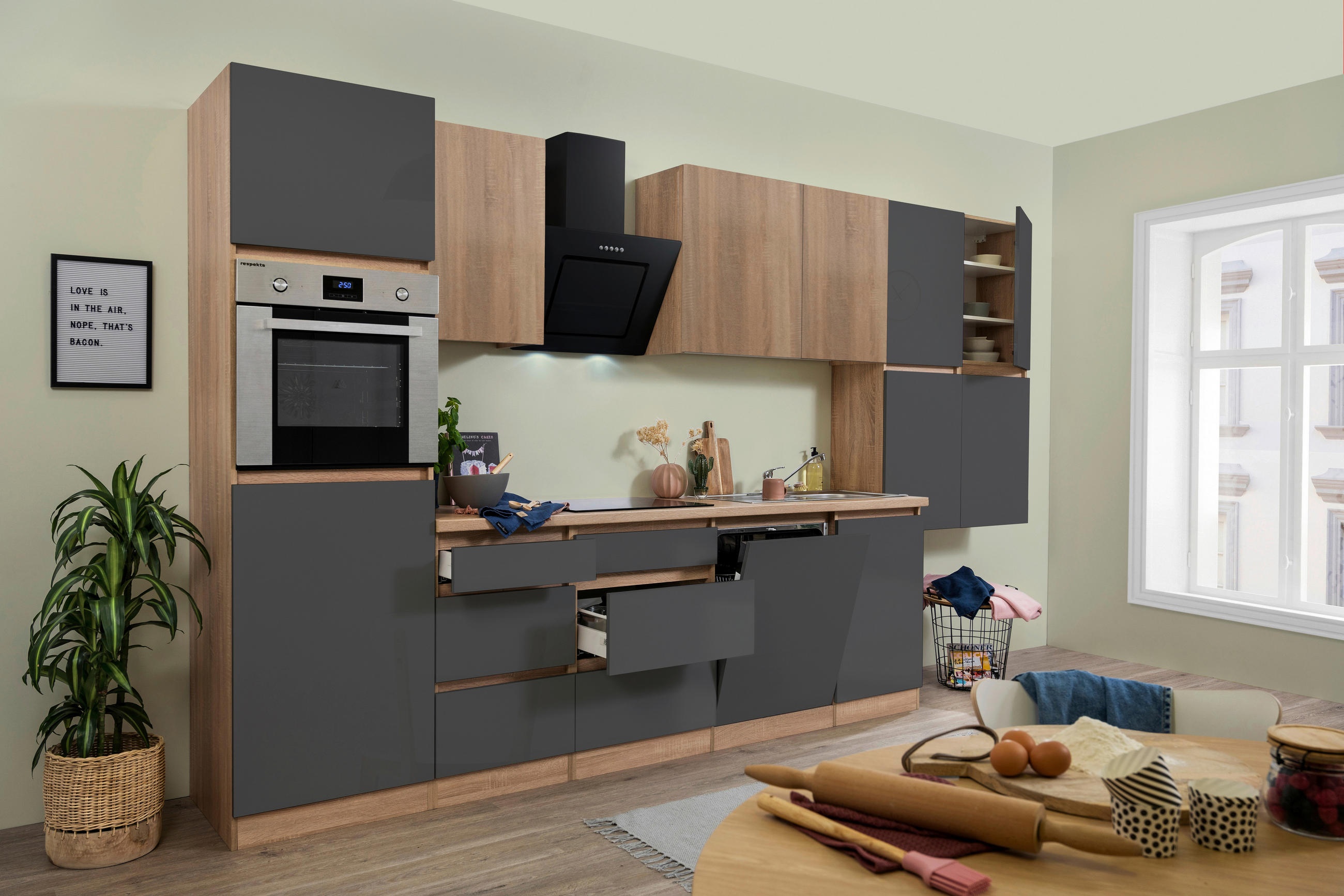 KÜCHENBLOCK 380 cm   in Grau, Eichefarben  - Eichefarben/Grau, Basics, Holzwerkstoff (380cm) - Respekta