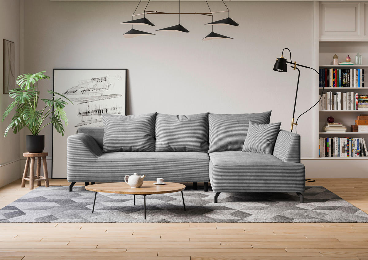 ECKSCHLAFSOFA in Cord Hellgrau  - Hellgrau/Schwarz, Design, Textil/Metall (273/167cm) - MID.YOU