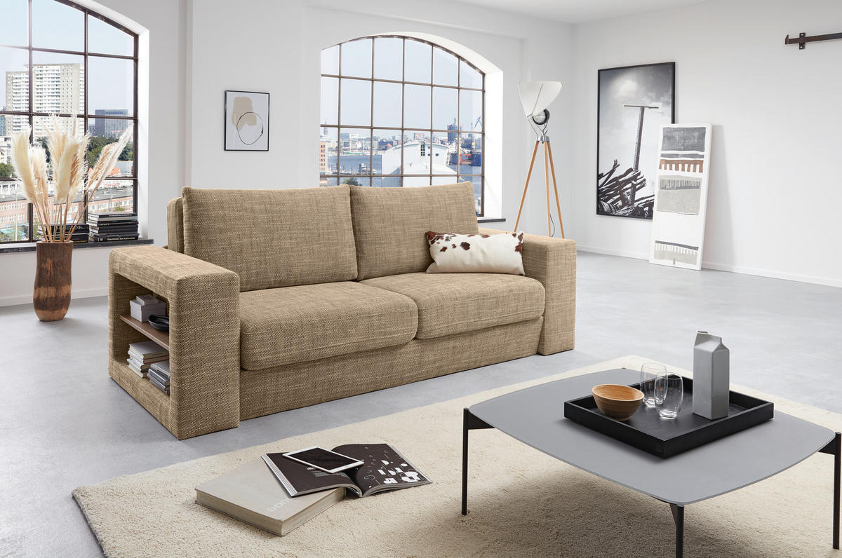 ZWEISITZER-SOFA inkl. Hocker Webstoff Braun, Beige  - Eichefarben/Beige, Design, Holz/Textil (172/96/107cm) - LOOKS by W.Joop