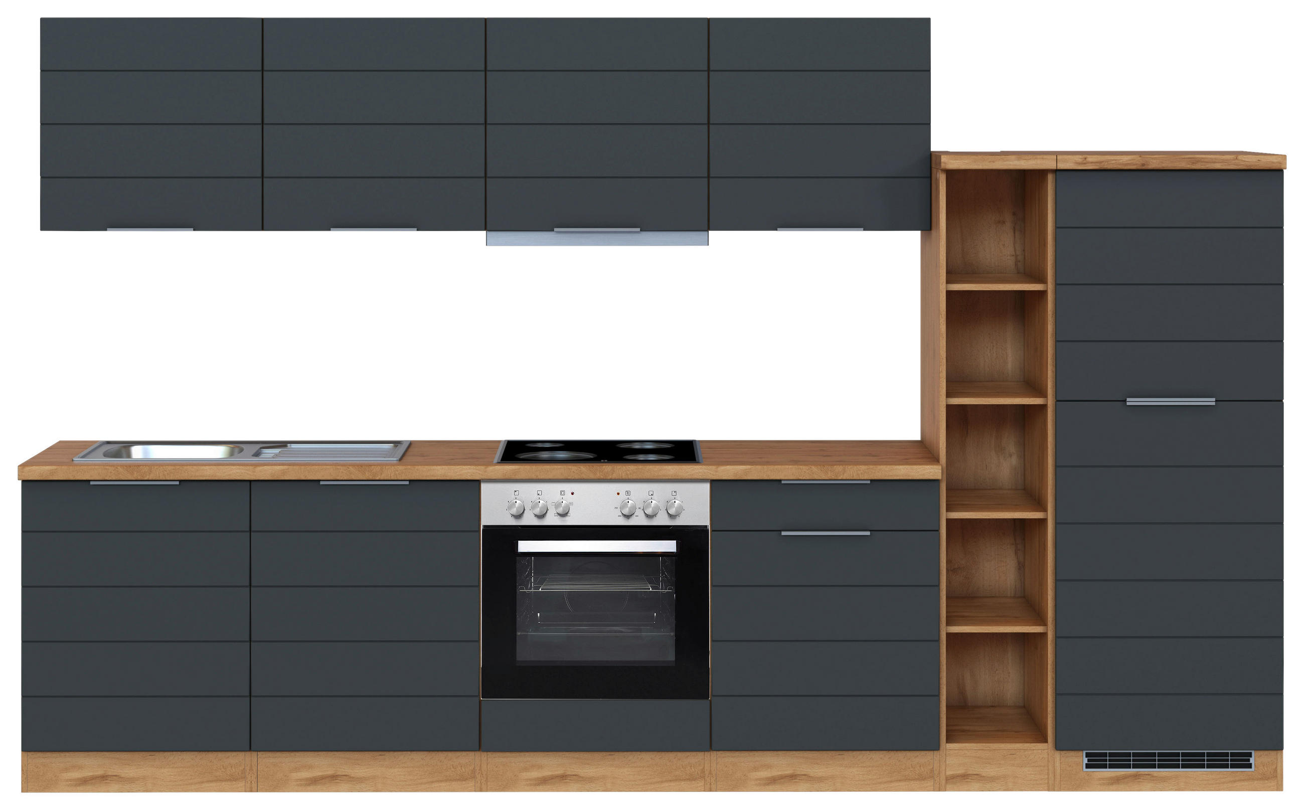 KÜCHENBLOCK 330 cm   in Grau, Eiche Wotan  - Eiche Wotan/Grau, Design, Holzwerkstoff/Metall (330cm) - Held