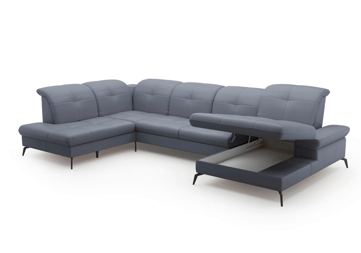 WOHNLANDSCHAFT in Vliesstoff Kombination Echtleder/Stoff Graublau  - Graublau/Schwarz, KONVENTIONELL, Leder/Textil (231/357/185cm) - Sit & More