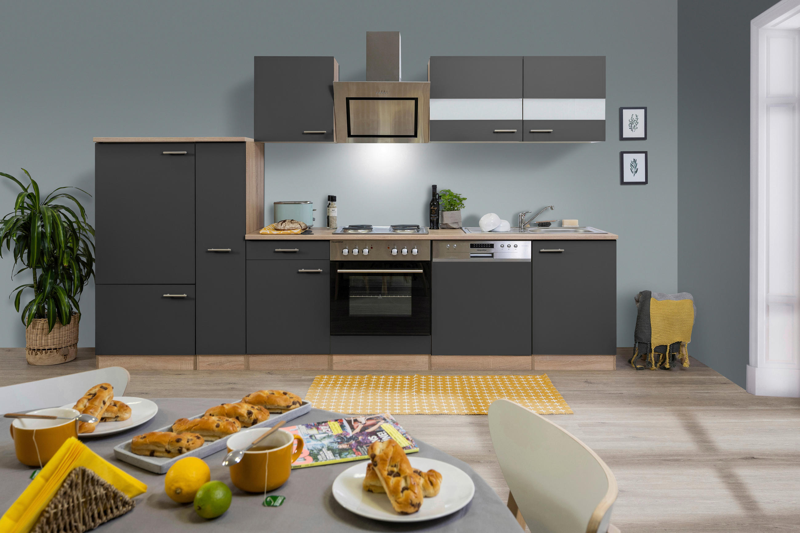 KÜCHENBLOCK 310 cm   in Grau  - Edelstahlfarben/Eichefarben, Basics, Holzwerkstoff/Metall (310cm) - Respekta