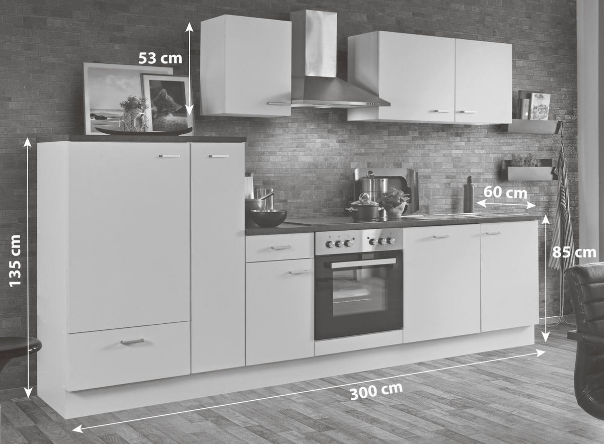 KÜCHENBLOCK 300 cm   in Graphitfarben, Weiß  - Silberfarben/Graphitfarben, KONVENTIONELL, Holzwerkstoff/Kunststoff (300cm) - Menke