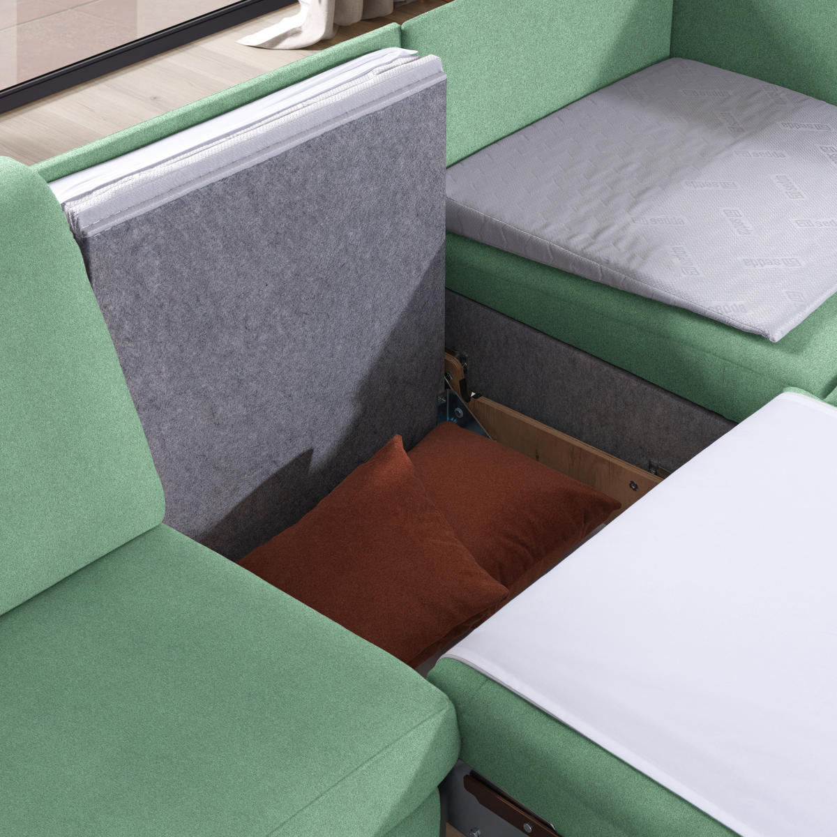 ECKSOFA in Flachgewebe Mintgrün  261/203 cm  - Eichefarben/Mintgrün, KONVENTIONELL, Holz/Textil (261/203cm) - Sedda