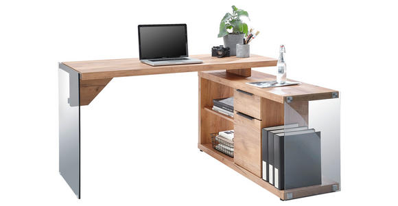 ECKSCHREIBTISCH 141,8/116,5/74 cm in Eichefarben - Chromfarben/Eichefarben, Design, Glas/Holzwerkstoff (141,8/116,5/74cm) - Novel