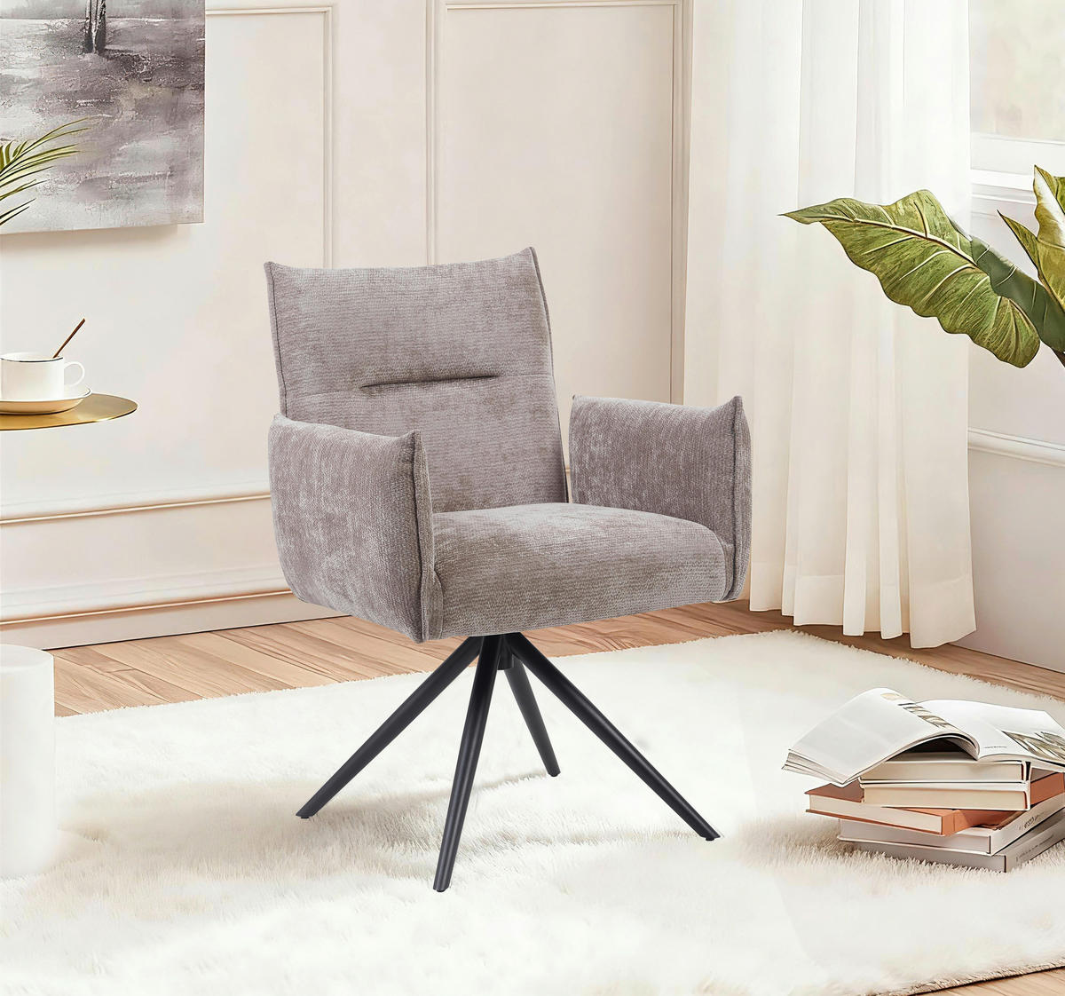 ARMLEHNSTUHL  Sitzfläche 360° drehbar, automatische Rückholfunktion Leinenoptik  - Taupe/Schwarz, Design, Textil/Metall (67/86/62cm) - Stylife