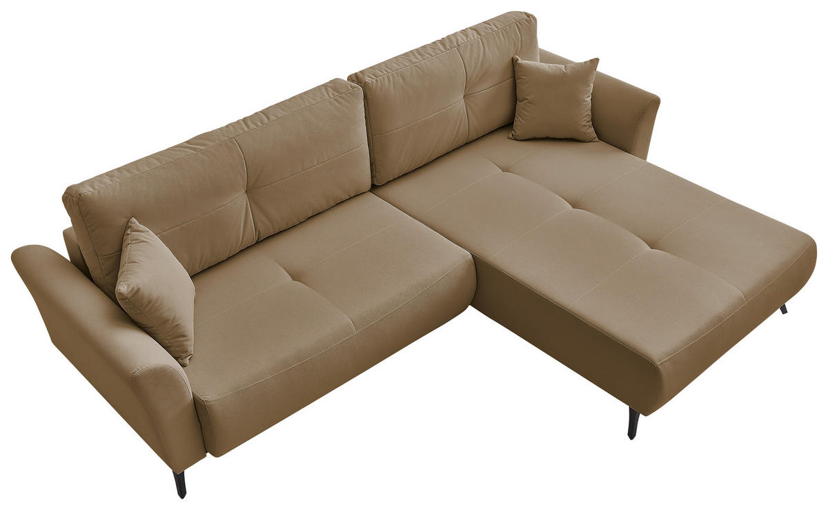 ECKSOFA GEMMA Hellbraun Flachgewebe Zierkissen, Rückenkissen, Bettkasten, Schlaffunktion, Rücken echt, Stauraum  - Hellbraun/Schwarz, Design, Textil/Metall (270cm) - P & B