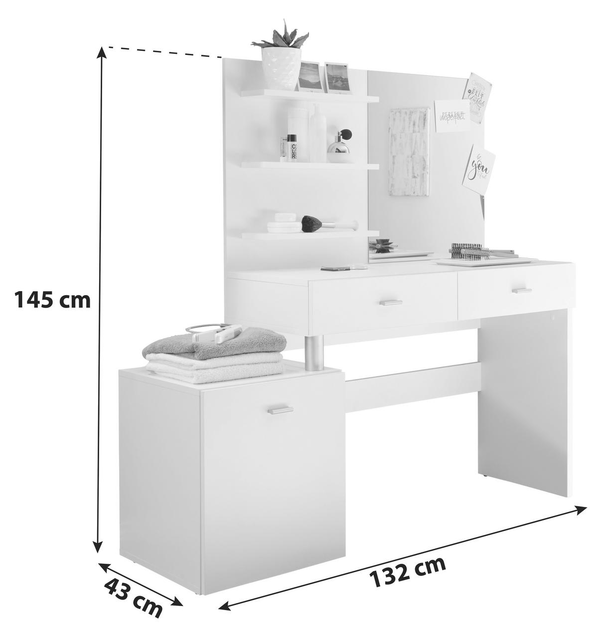 KOZMETIČNA MIZA steklo, leseni material  - srebrne barve/bela, Design, umetna masa/steklo (132/145/43cm) - MID.YOU