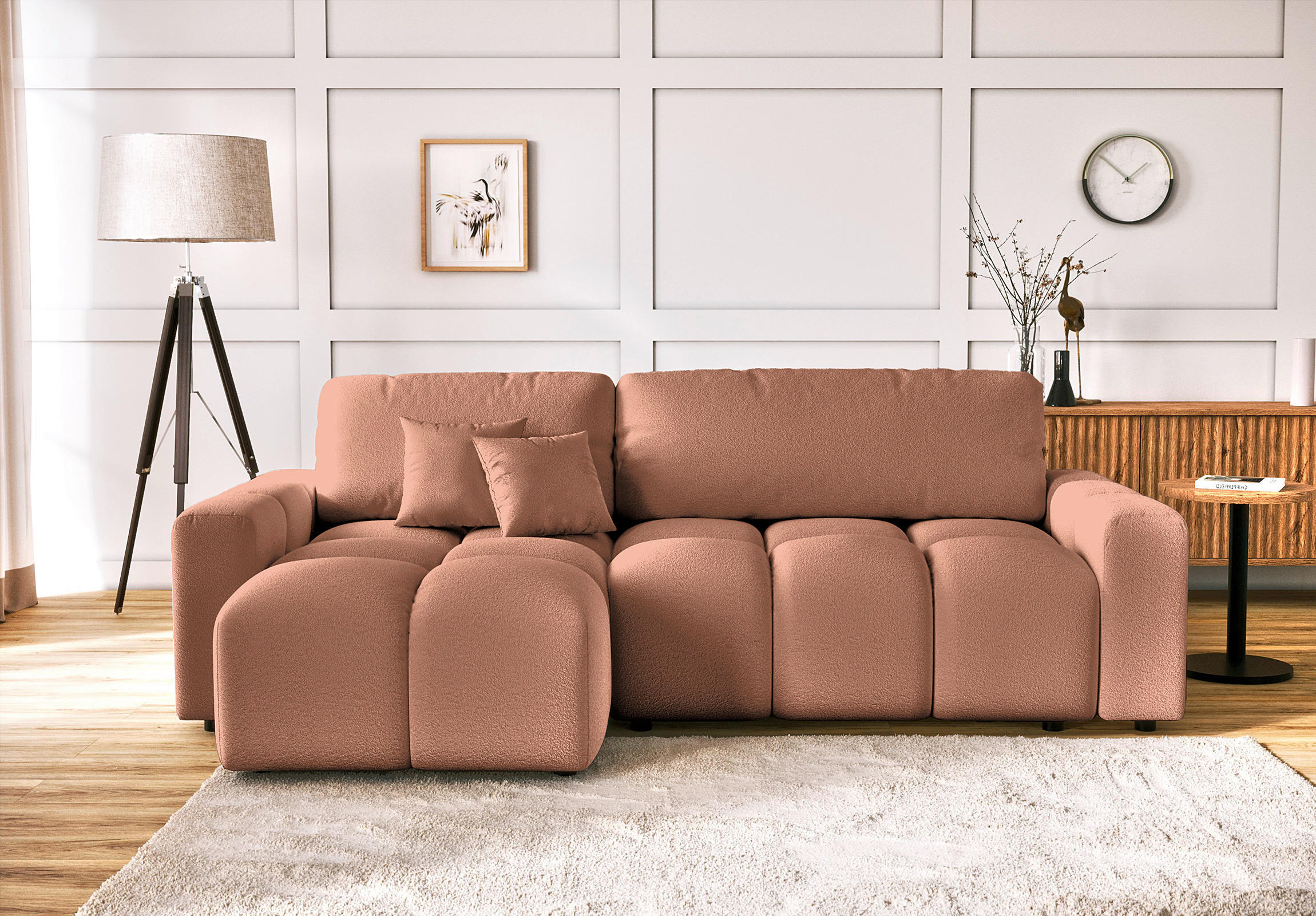 ECKSOFA Bouclé Hellbraun  - Hellbraun/Schwarz, Design, Kunststoff/Textil (233/142cm) - Livetastic