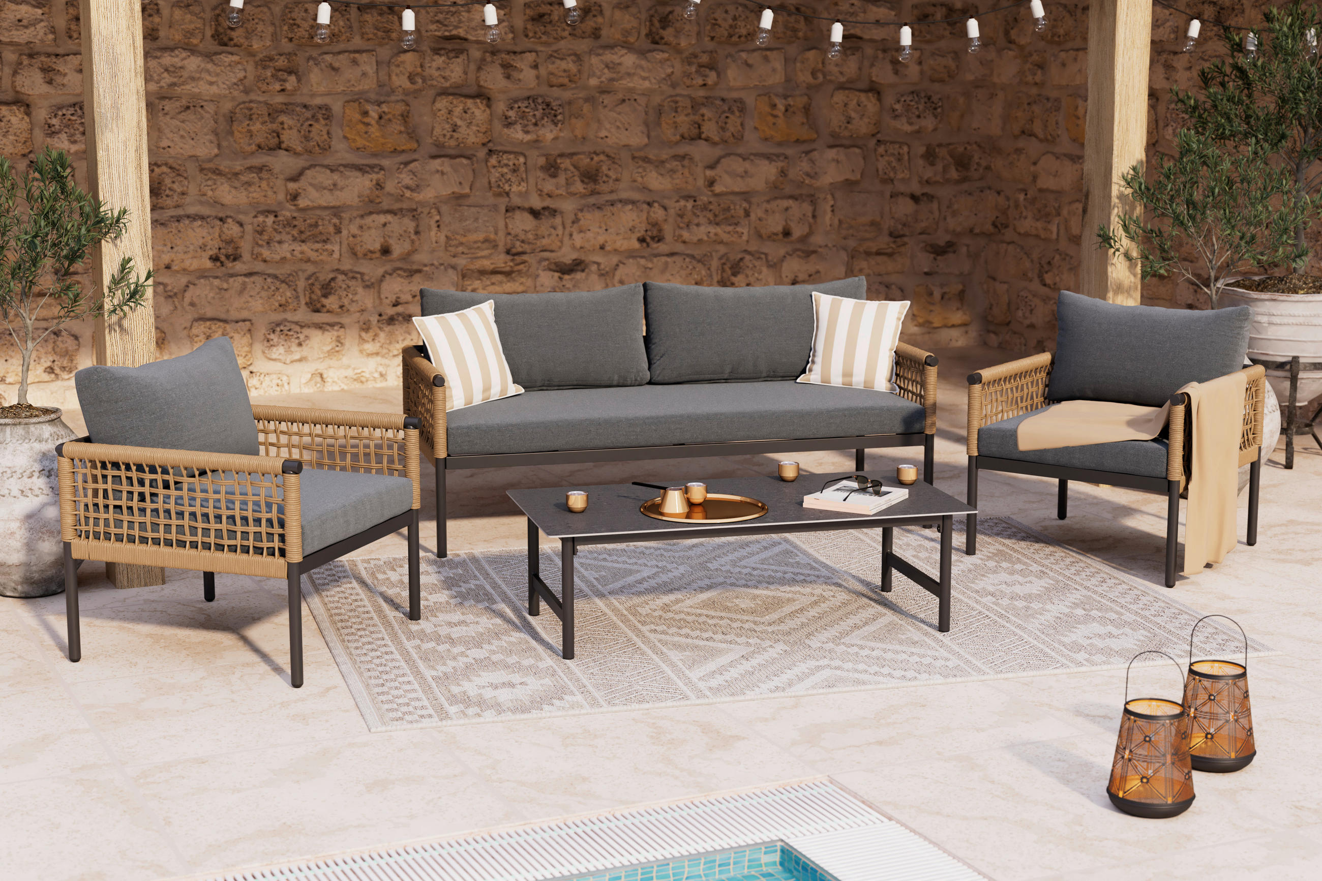 LOUNGEGARNITUR Eisen  - Anthrazit/Naturfarben, MODERN, Kunststoff/Textil (167/67/76cm) - Ambia Garden