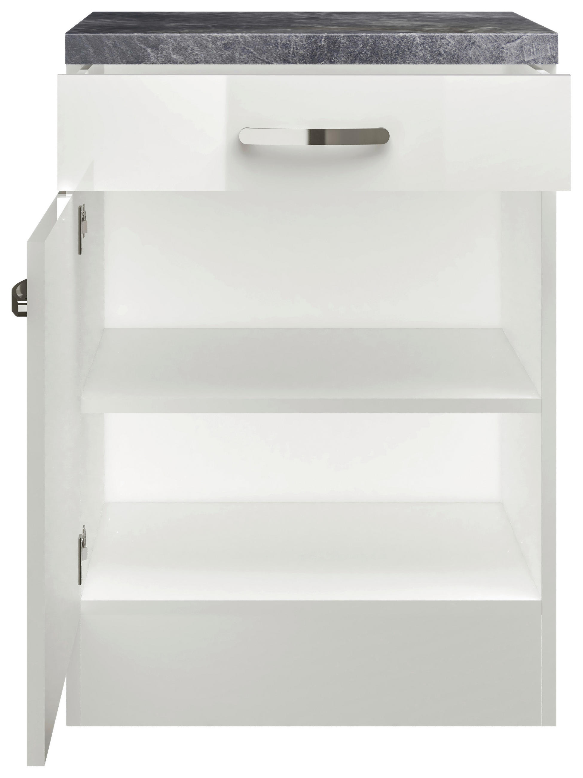 KÜCHENUNTERSCHRANK 60/86/60 cm  in Weiß, Weiß Hochglanz  - Schieferfarben/Edelstahlfarben, MODERN, Holzwerkstoff/Metall (60/86/60cm) - FlexWell