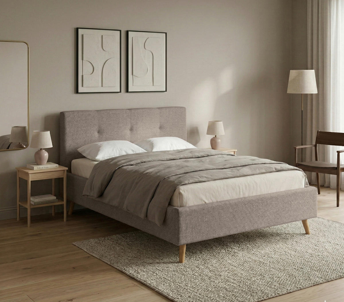 POLSTERBETT 180/200 cm,  in Beige, Lattenrost, Bettkasten,  - Eichefarben/Beige, MODERN, Holz/Textil (180/200cm) - MID.YOU