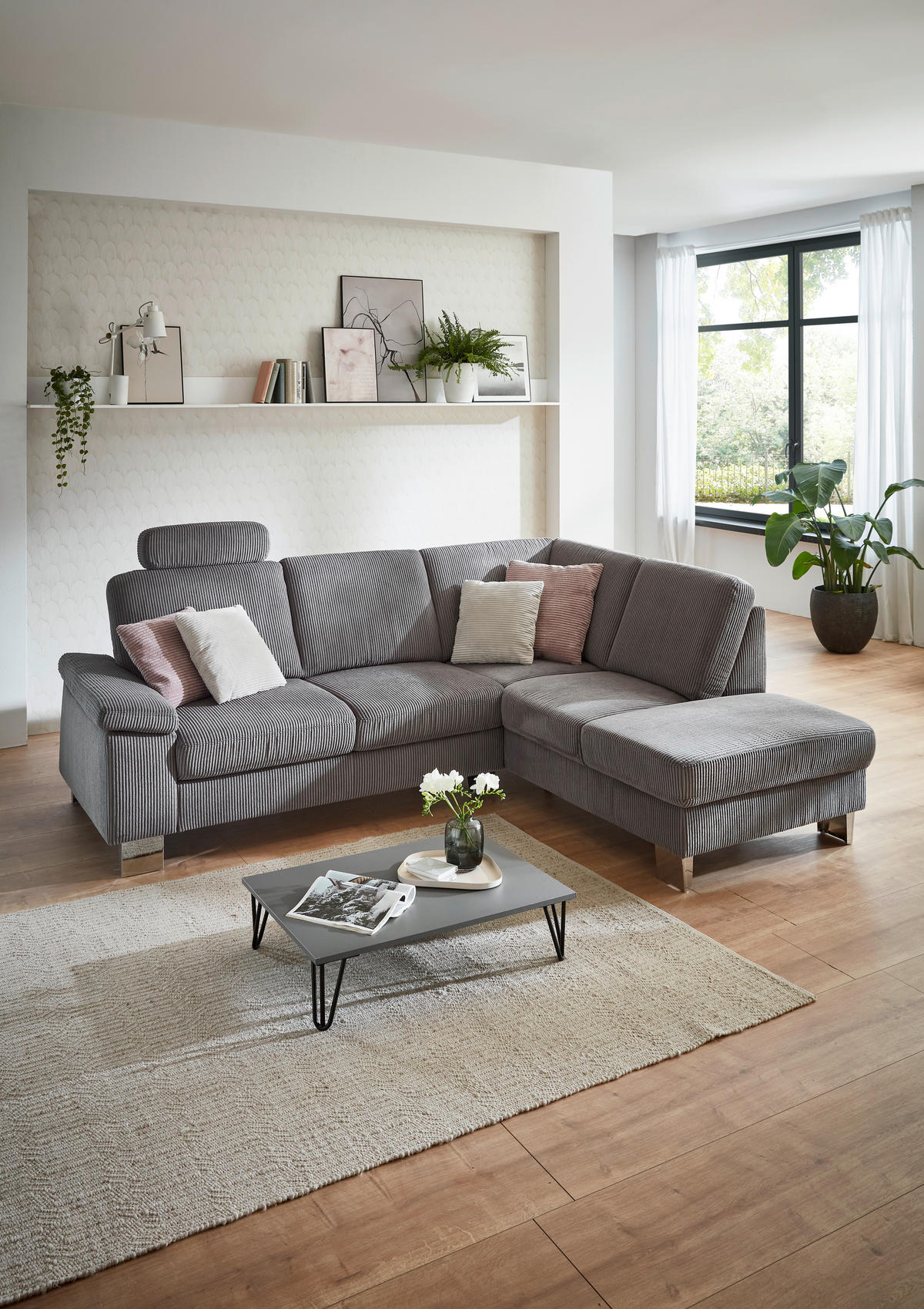ECKSOFA in Cord Anthrazit  - Edelstahlfarben/Anthrazit, Konventionell, Textil/Metall (248/200cm) - Beldomo System