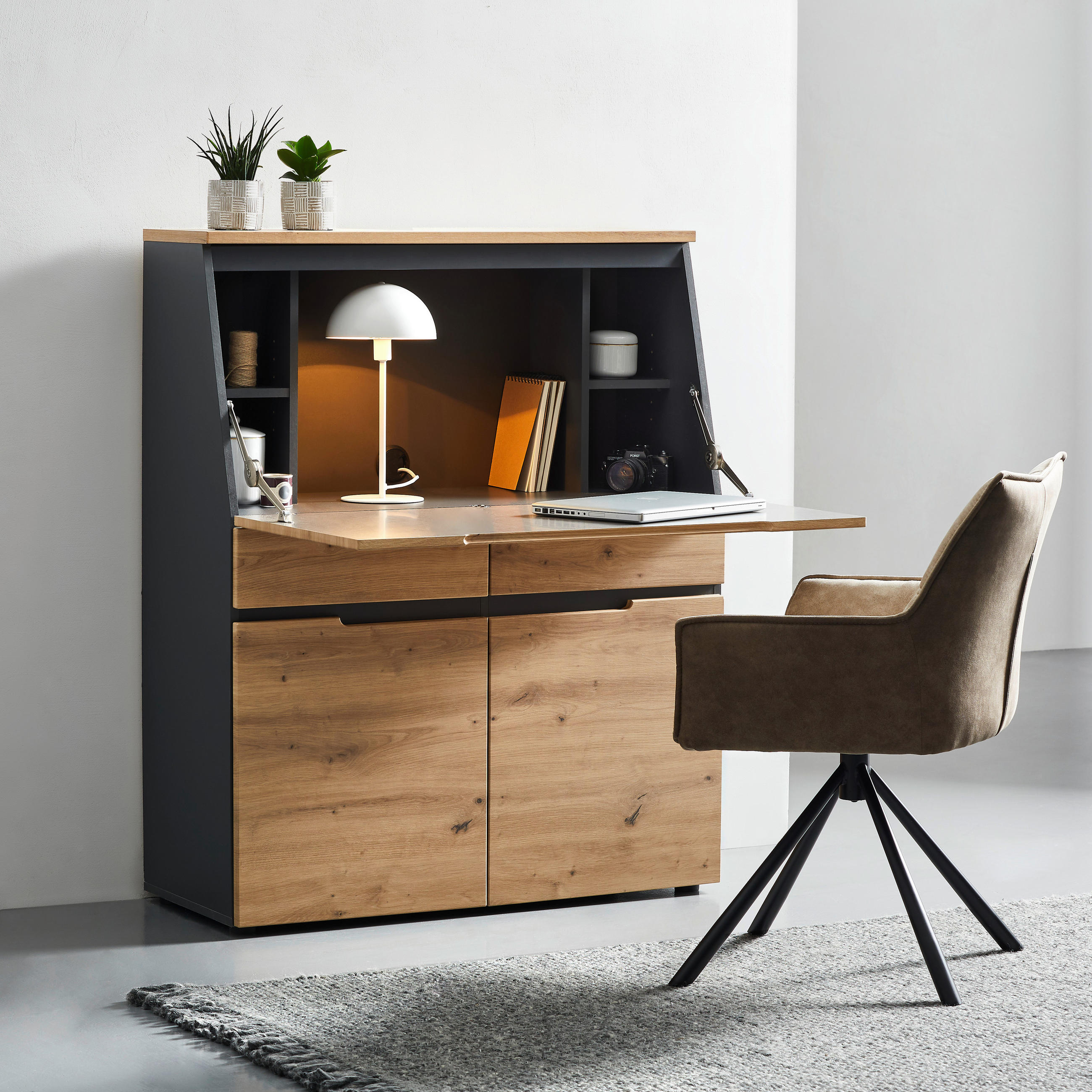 PISALNIK leseni material barve grafita, hrast artisan  - črna/barve grafita, Design, umetna masa/leseni material (100/124/41cm) - Voleo