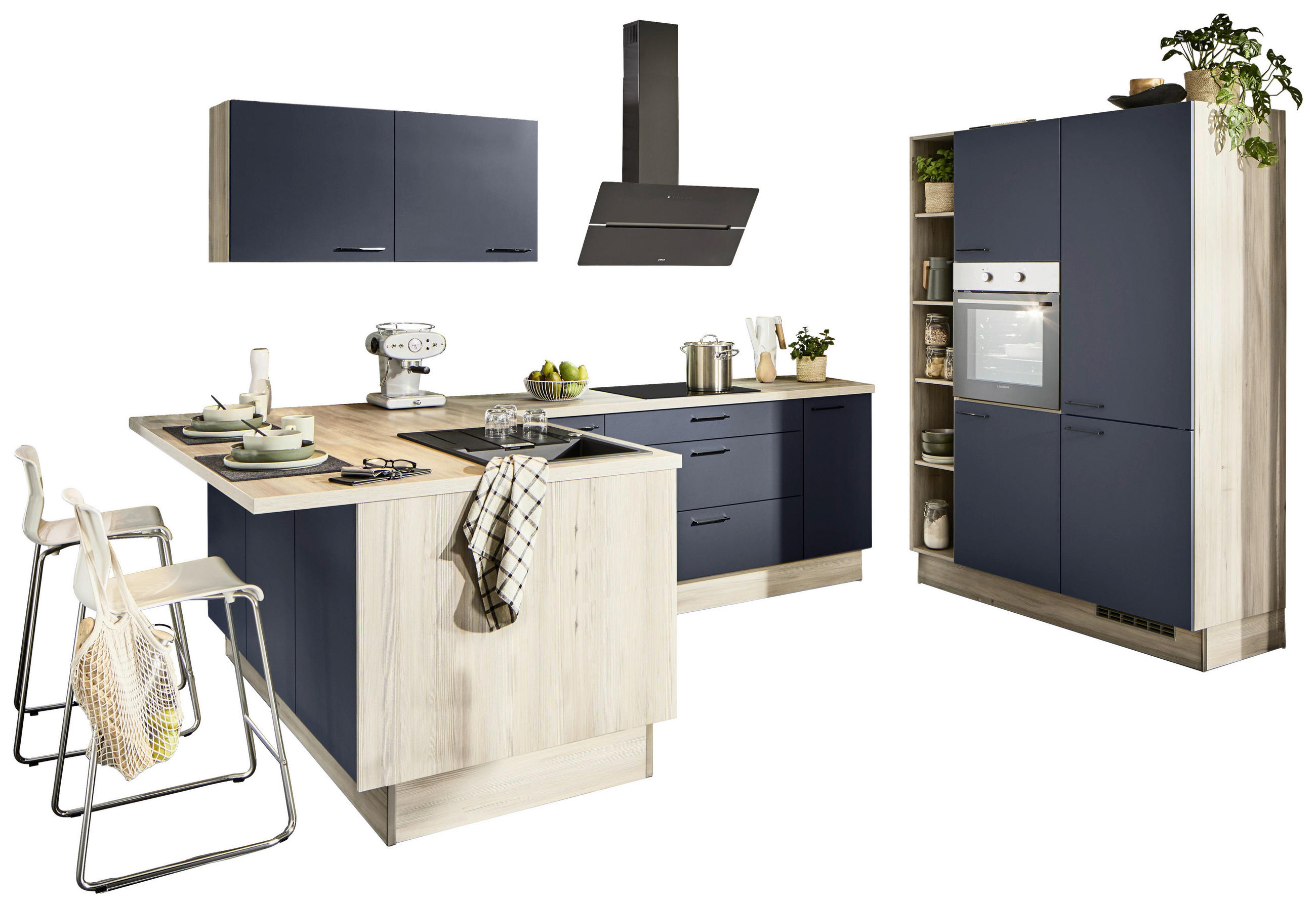 ECKKÜCHE XO 21  in Blau, Tannenholzfarben  - Blau/Tannenholzfarben, Design, Holzwerkstoff/Metall (121,6/280/150cm) - Xora