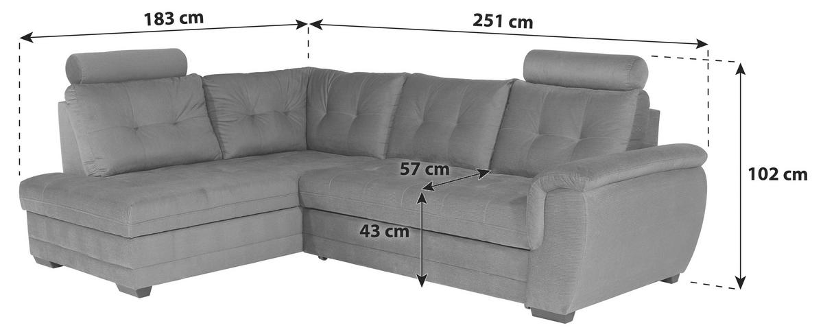 ECKSOFA Grau Mikrofaser, Struktur Bettkasten, Schlaffunktion, Rücken echt, Kopfteilverstellung, Kopfstütze  - Schwarz/Grau, KONVENTIONELL, Kunststoff/Textil (183/251cm) - MID.YOU