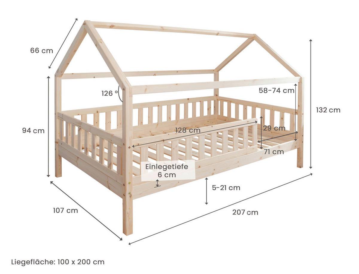 HAUSBETT 100/200 cm,  in Naturfarben, Altrosa  - Altrosa/Naturfarben, MODERN, Holz/Textil (100/200cm) - MID.YOU