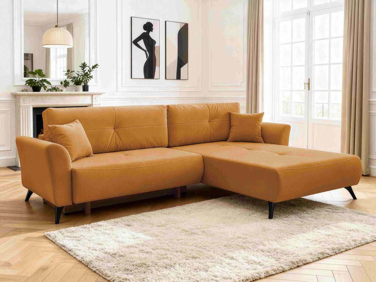 ECKSOFA GEMMA Gelb Flachgewebe Zierkissen, Rückenkissen, Bettkasten, Schlaffunktion, Rücken echt, Stauraum  - Gelb/Schwarz, Design, Textil/Metall (270/183cm) - P & B