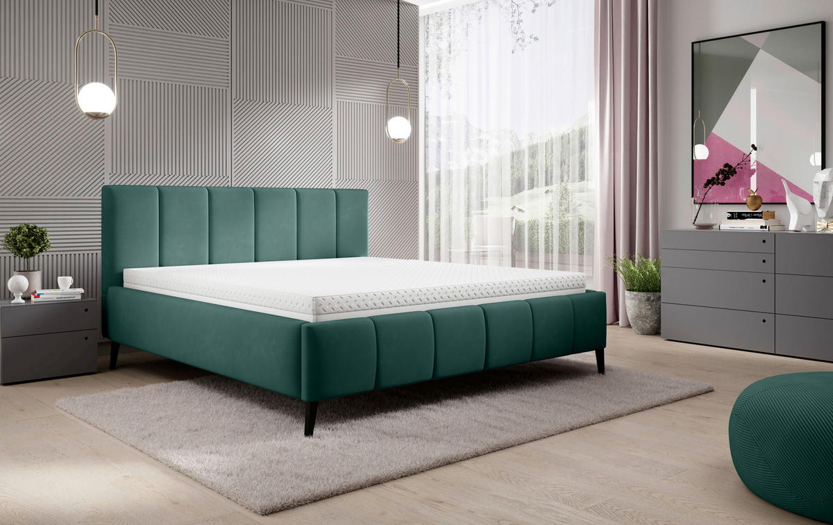 POLSTERBETT 160/200 cm, inkl. gepolstertes Kopfteil, Lattenrost,  in Dunkelgrün  - Dunkelgrün/Schwarz, Trend, Holz/Textil (160/200cm) - home24