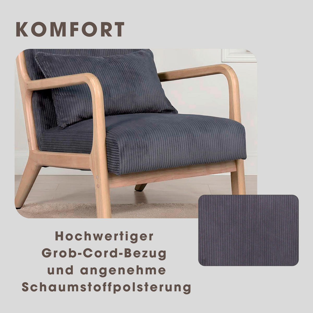 SESSEL in Cord Grau  - Braun/Grau, Basics, Holz/Textil (65/81/76cm) - MID.YOU