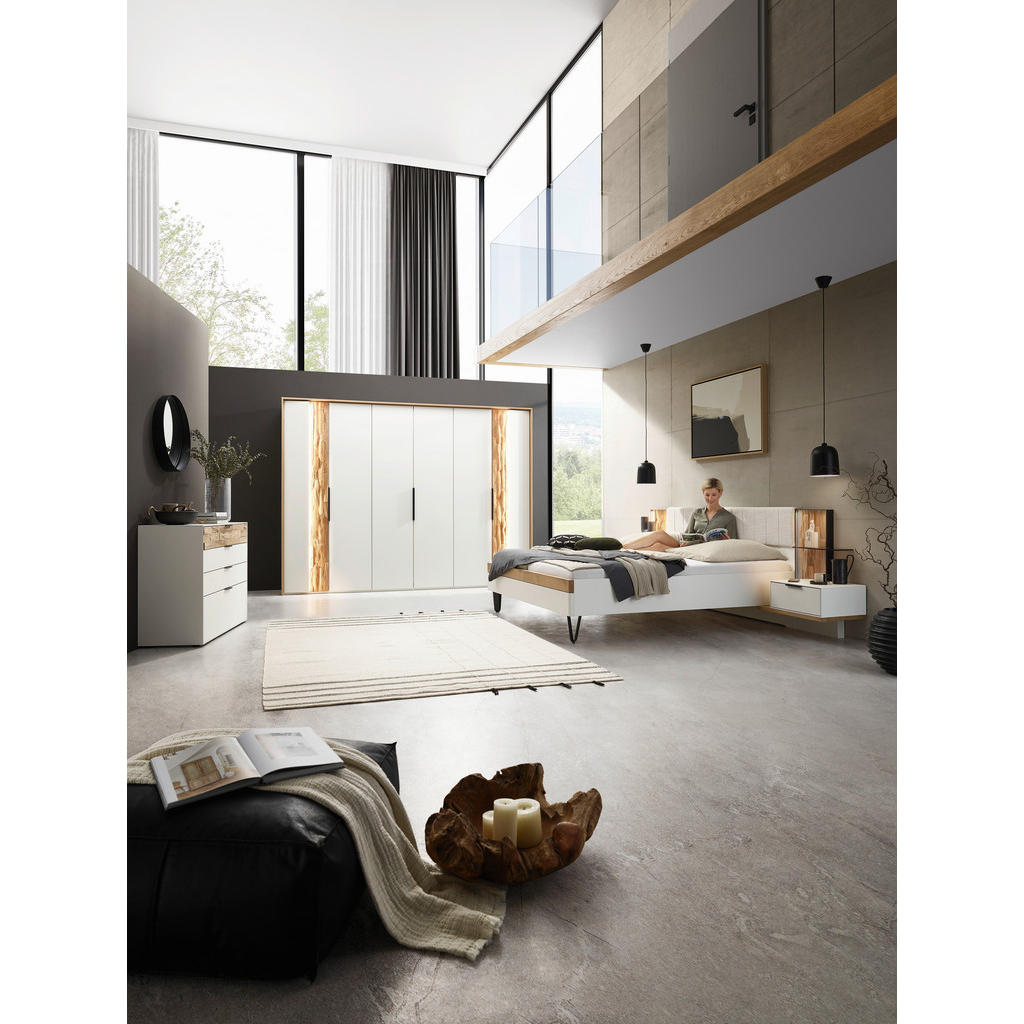 Thumbnail - Dieter Knoll Bettanlage, Weiß, Wildeiche, Anthrazit, Natur, Holz, Textil, Metall, Wildeiche, massiv, 180x200 cm, Made in...
