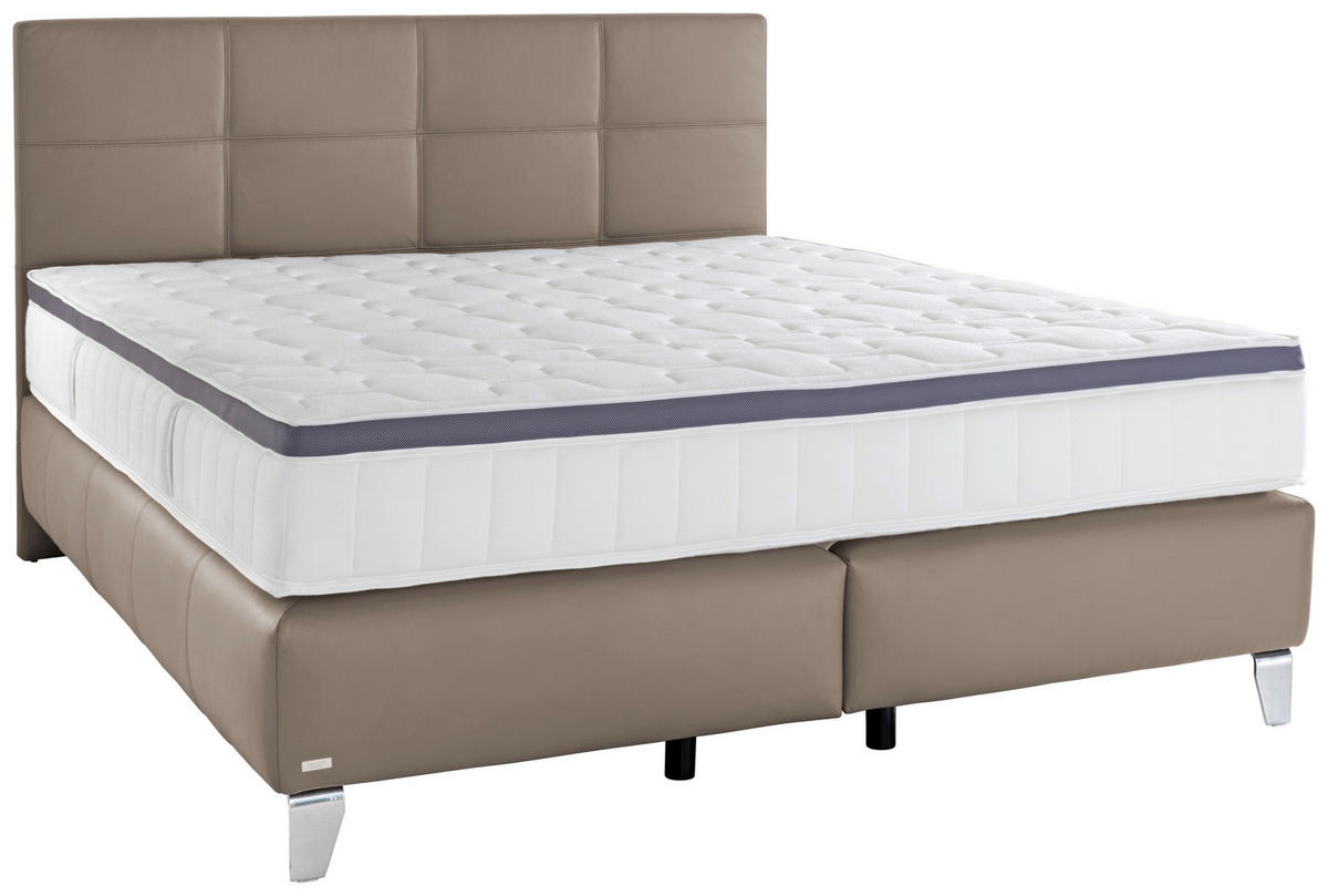BOXSPRINGBETT 180/200 cm,  in Beige, Matratze, gepolstertes Kopfteil, Topper, H3 + H4 = fest + sehr fest  - Chromfarben/Beige, KONVENTIONELL, Leder/Textil (180/200cm) - Novel