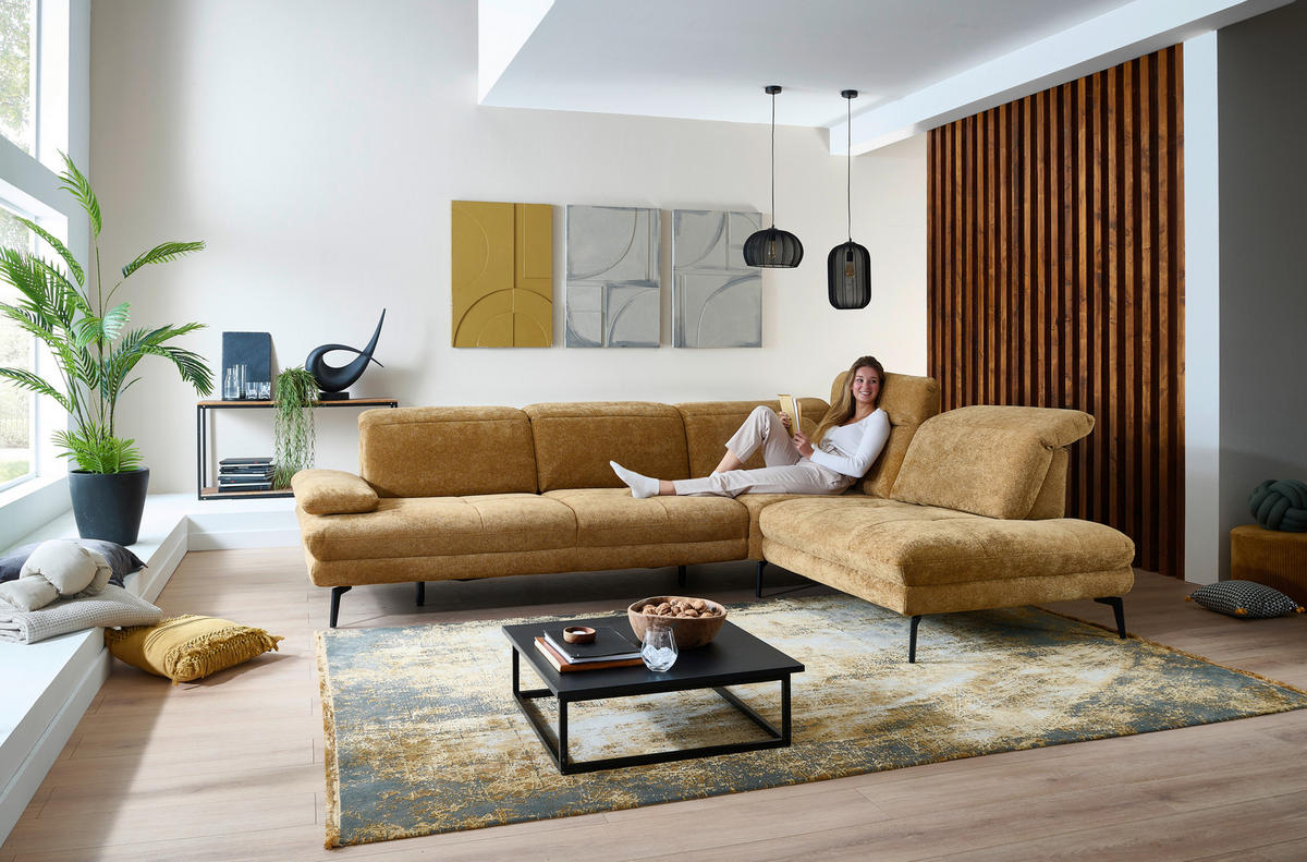 ECKSOFA Beldomo System Dunkelgelb Chenille Rücken echt, Kopfteilverstellung  - Dunkelgelb/Schwarz, Design, Textil/Metall (311/235cm) - Beldomo System