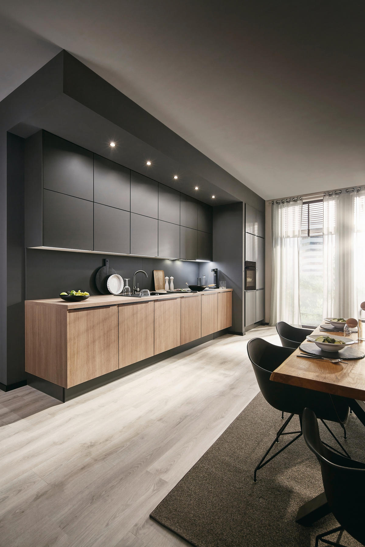 EINBAUKÜCHE   - Eichefarben/Graphitfarben, Design, Holzwerkstoff - Xora