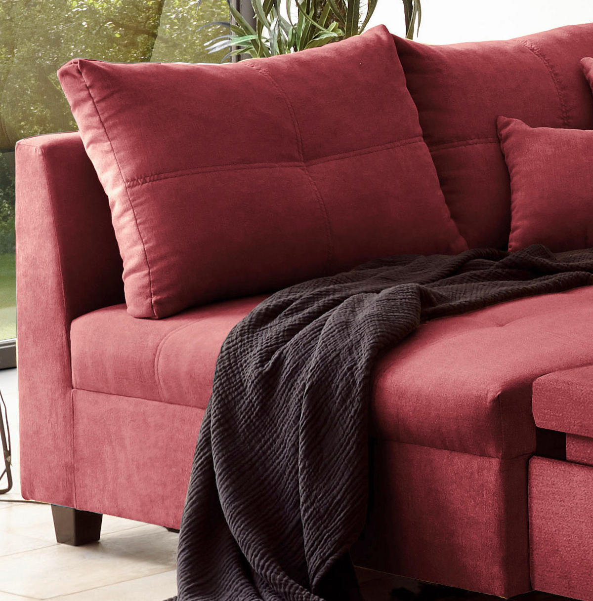 ECKSOFA Beere Mikrovelours  - Beere/Schwarz, Basics, Kunststoff/Textil (176/248cm) - MID.YOU