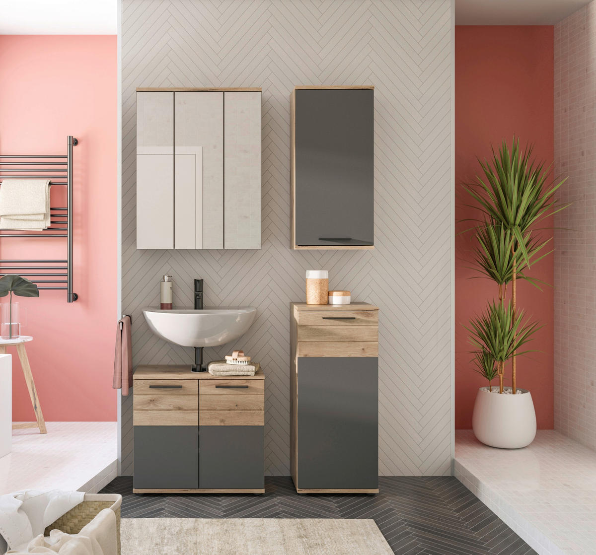 BADEZIMMER 4-teilig  in 97 cm  - Eichefarben/Schwarz, MODERN, Glas/Holzwerkstoff (97cm) - MID.YOU