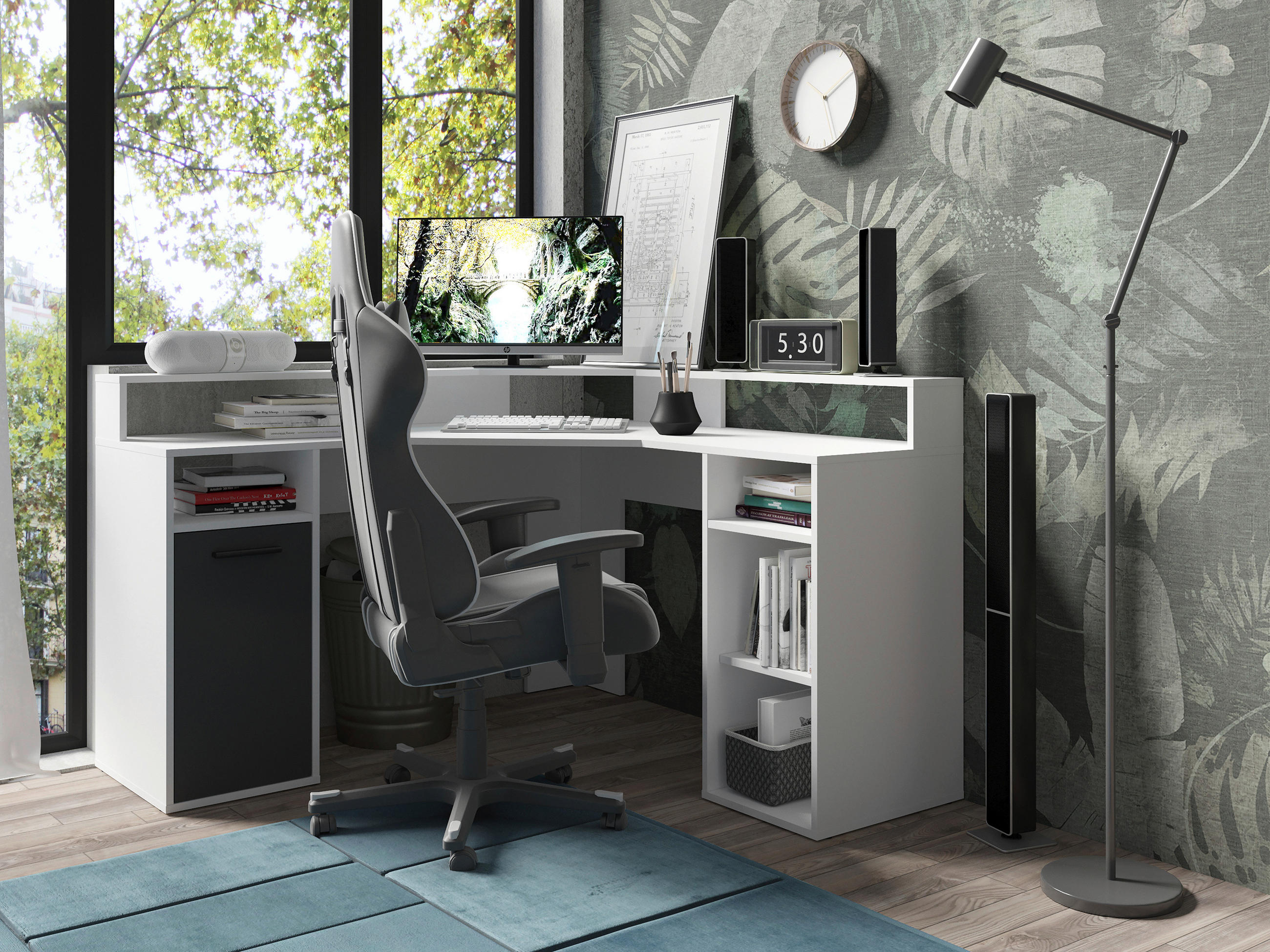 Thumbnail - Mid.you Eckschreibtisch, Anthrazit, Weiß, Kunststoff, rechteckig, 139x90x139 cm, Stauraum, Arbeitszimmer, Schreibtische,...