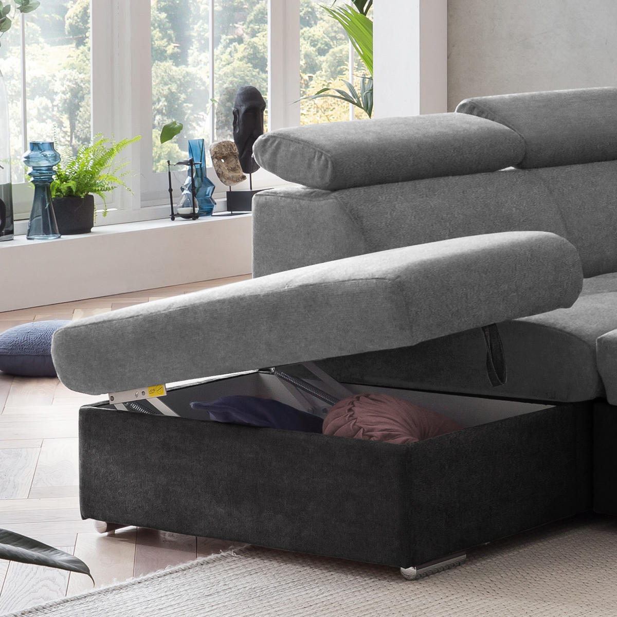 ECKSOFA Grau, Schwarz Mikrofaser  - Chromfarben/Schwarz, Design, Textil/Metall (216/262cm) - Livetastic