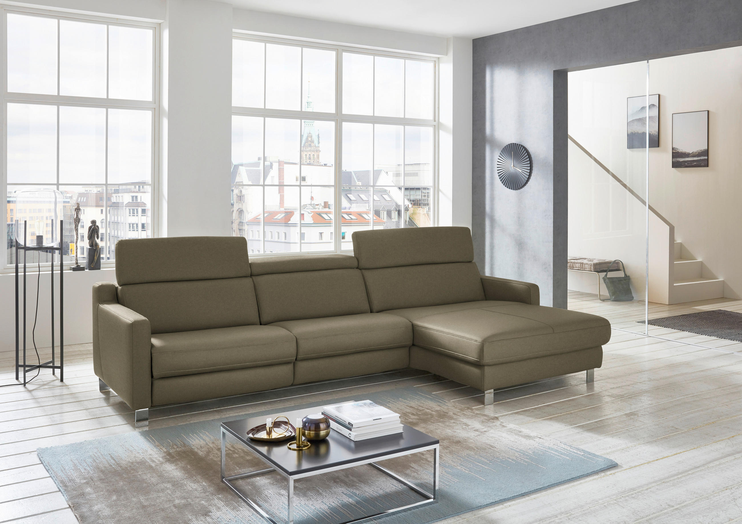 ECKSOFA in Echtleder Olivgrün  - Chromfarben/Olivgrün, Design, Leder/Metall (291/176cm) - Valdera