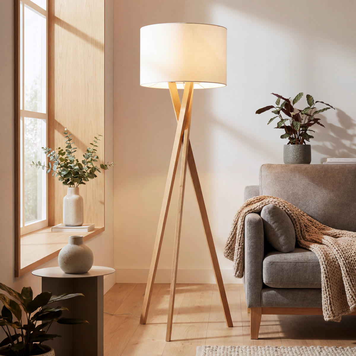 STOJACÍ LAMPA, 45/160 cm  - bílá/barvy dubu, Natur, kov/dřevo (45/160cm) - Novel