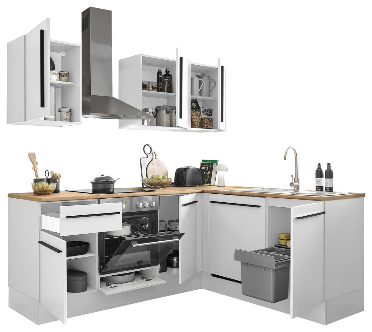 ECKKÜCHE 220/175 cm  in Weiß  - Eichefarben/Schwarz, Design, Holzwerkstoff/Kunststoff (220/175cm) - MID.YOU